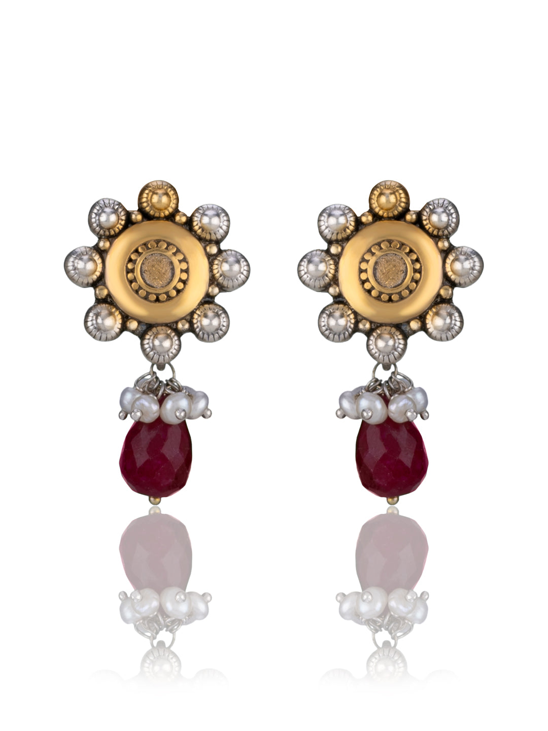 Two Toned Floral Studs with Ruby Drop view 1
