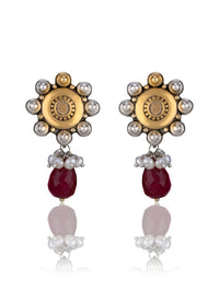 Two Toned Floral Studs with Ruby Drop view 1