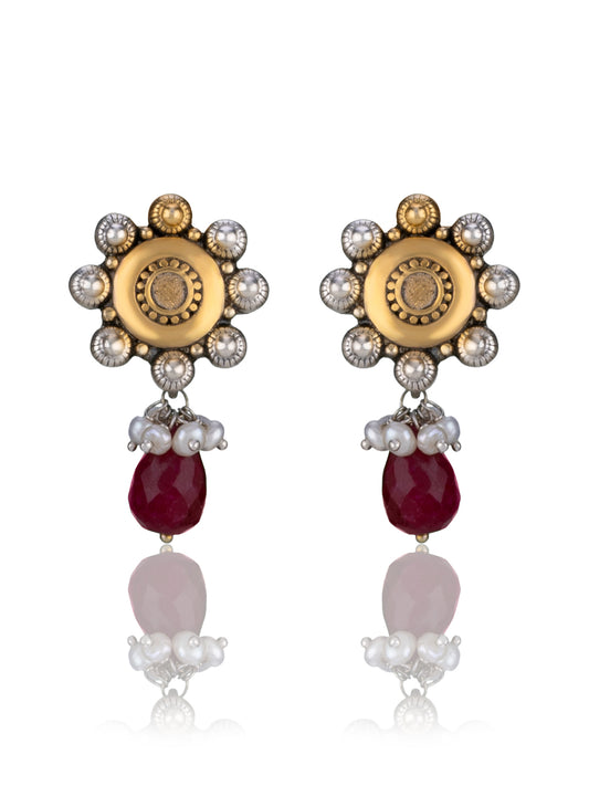 Two Toned Floral Studs with Ruby Drop