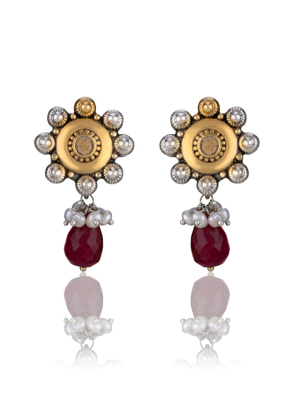 Two Toned Floral Studs with Ruby Drop