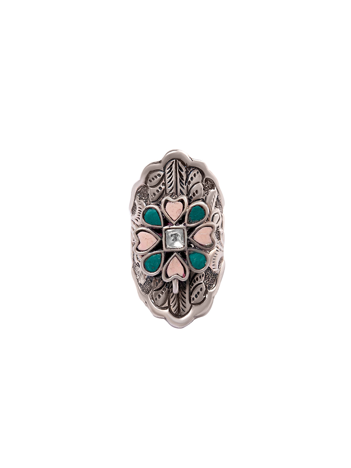 Silver Kundan Fusion Chitai Adjustable Ring view 3
