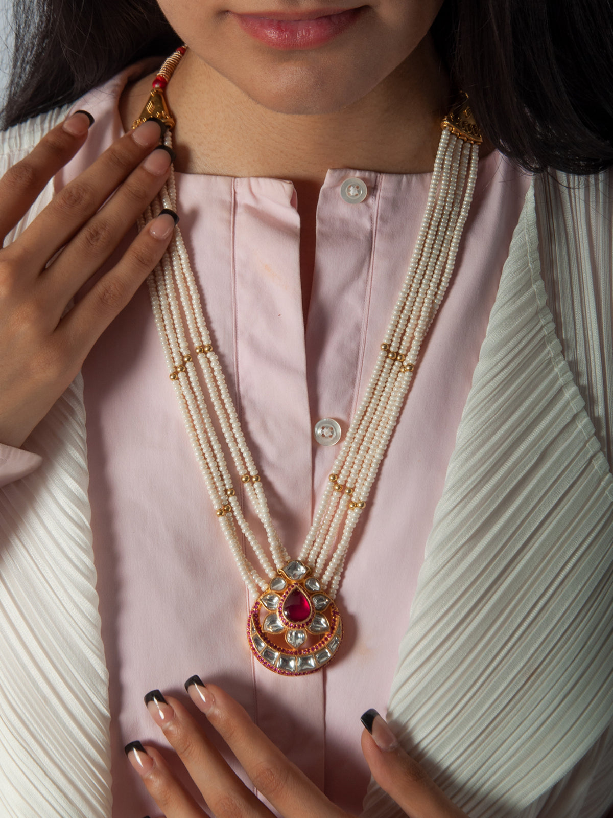 925 Sterling Silver 22K Gold Plated Pearl Beaded Chaandbali Necklace With White and Red Kundan view 1