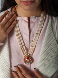 925 Sterling Silver 22K Gold Plated Pearl Beaded Chaandbali Necklace With White and Red Kundan view 1
