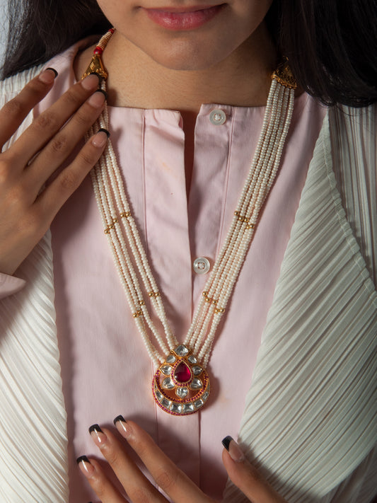 925 Sterling Silver 22K Gold Plated Pearl Beaded Chaandbali Necklace With White and Red Kundan