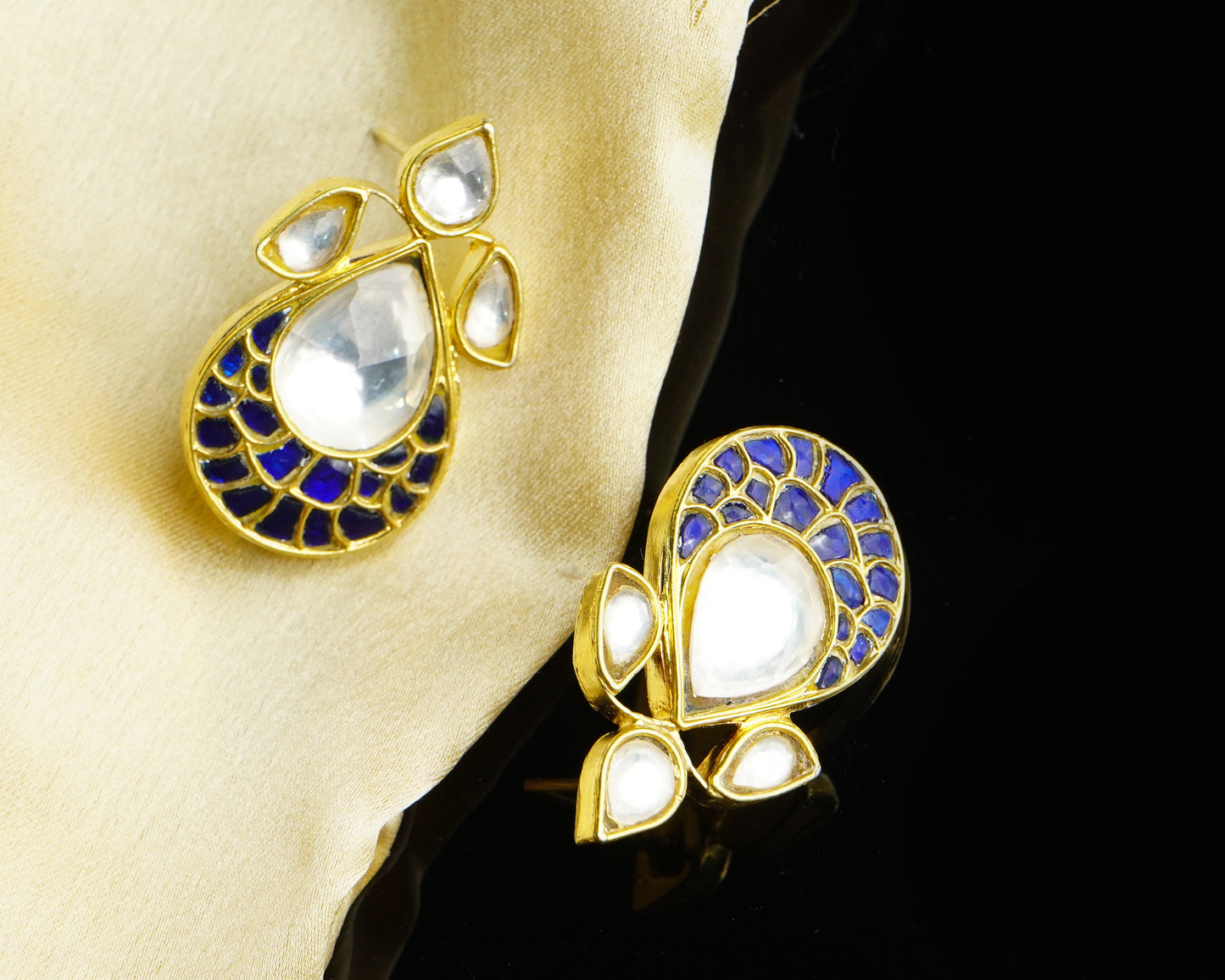925 Silver Gold Plated Silver and Blue Kunan Studs - Neeta Boochra Jewellery