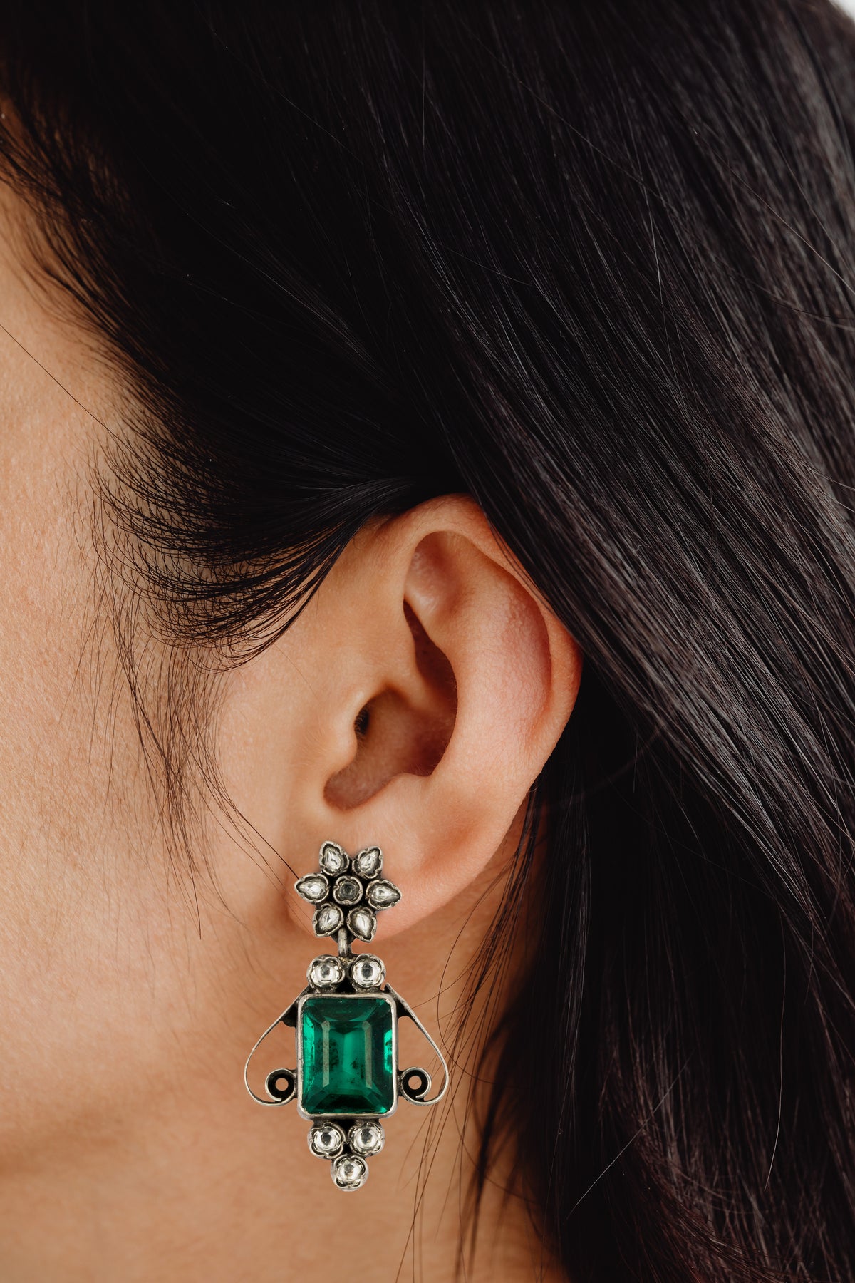 925 Sterling Silver Earrings with Green Gemstone and Kundan view 3