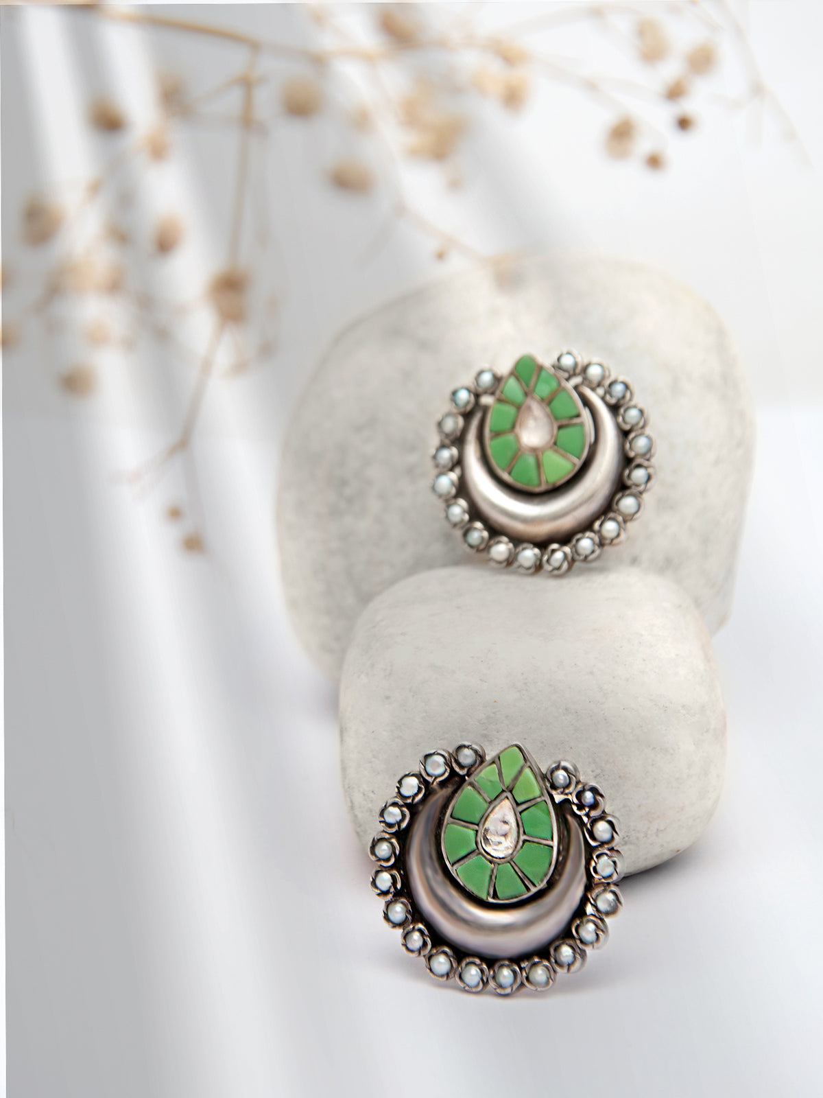 Silver Green White Kundan Studs view 4