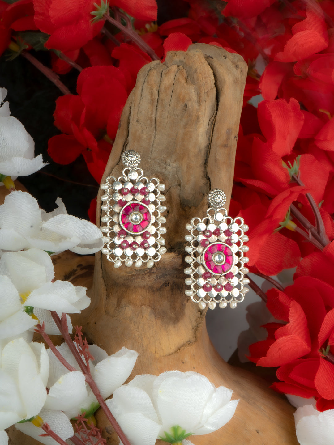 925 Sterling Silver Ruby and Pearl Studs view 3