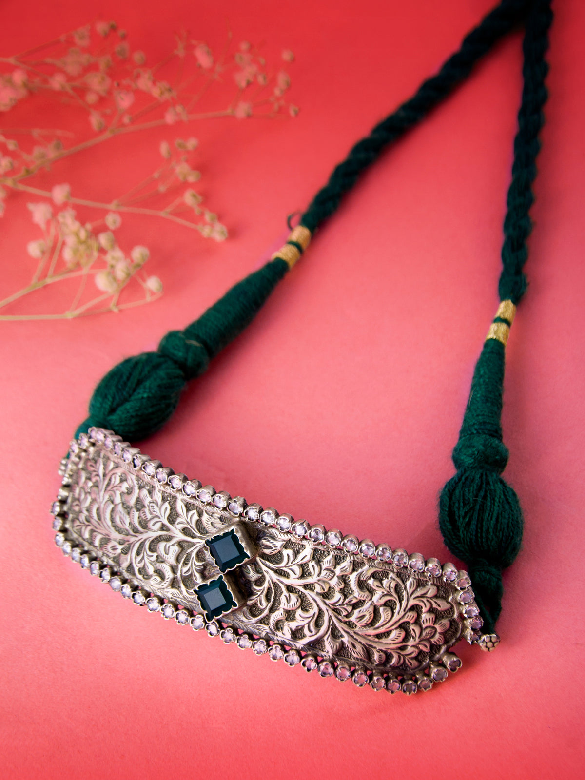 Silver Green Onyx Choker with Gold Zari view 1