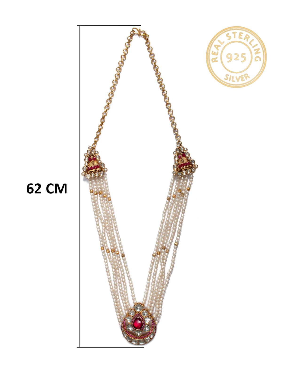 925 Sterling Silver 22K Gold Plated Pearl Beaded Chaandbali Necklace With White and Red Kundan view 4