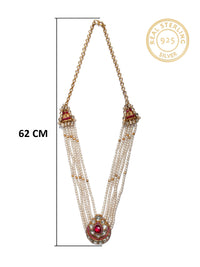 925 Sterling Silver 22K Gold Plated Pearl Beaded Chaandbali Necklace With White and Red Kundan view 4