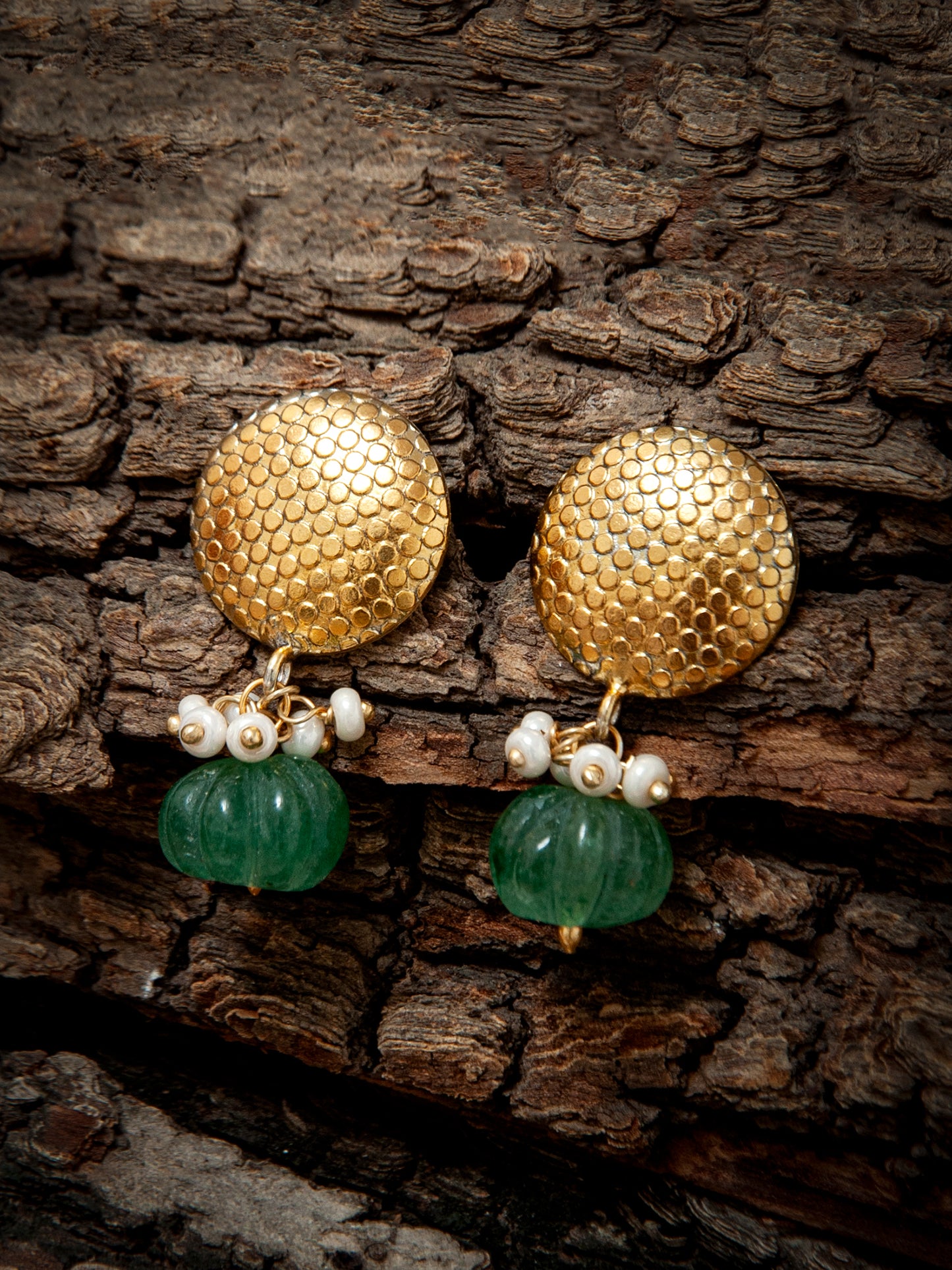 925 Sterling Silver Gold Plated Studs with Melon Cut Green Onyx and Pearl