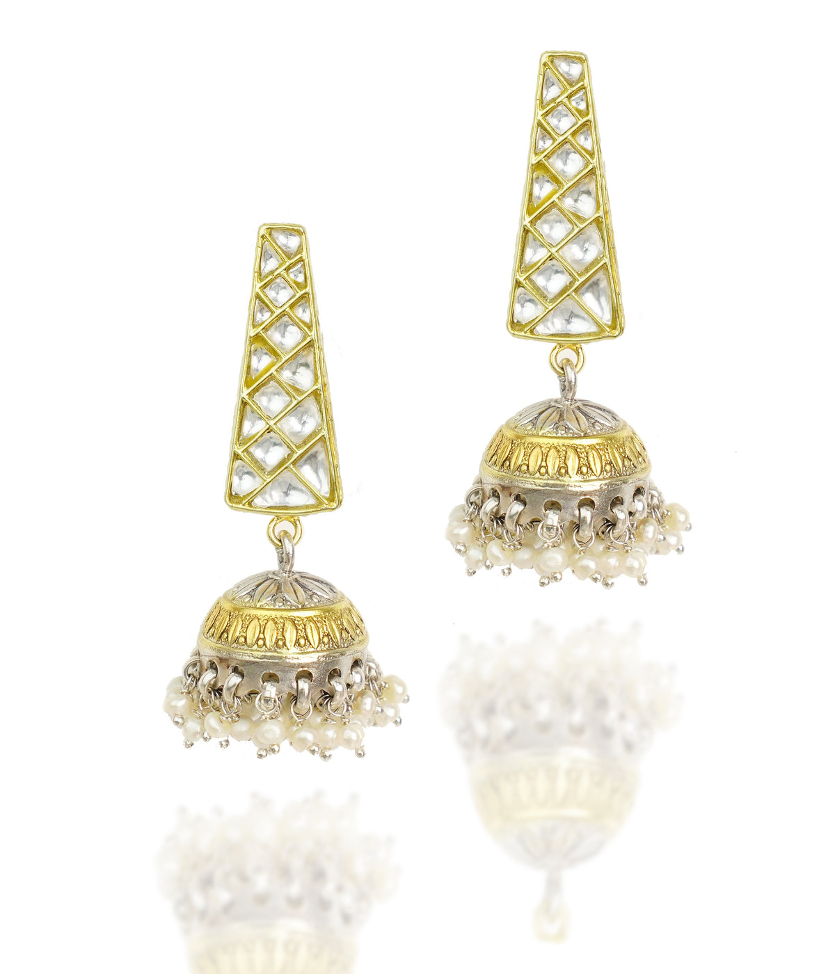 925 Silver Gold Plated White Kundan Trapezium Jhumki Earrings view 1