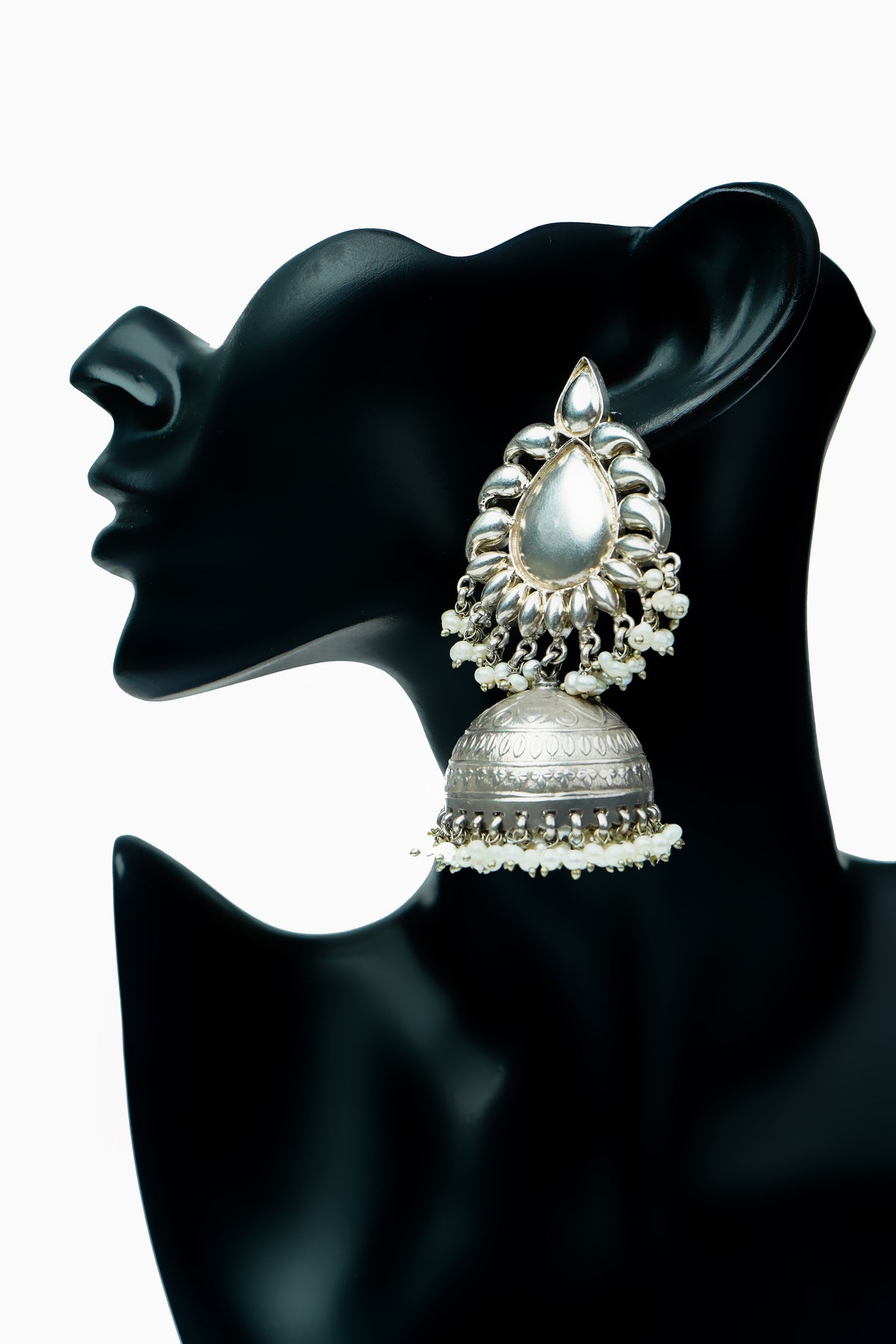 Silver Jhumkis with Pearls view 4
