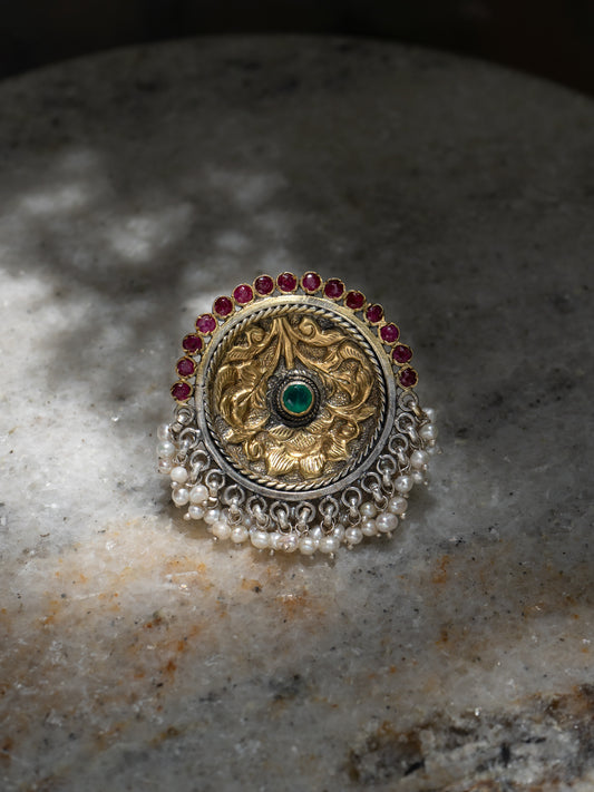 Two Toned Chitai Ring with Freshwater Pearl and Ruby