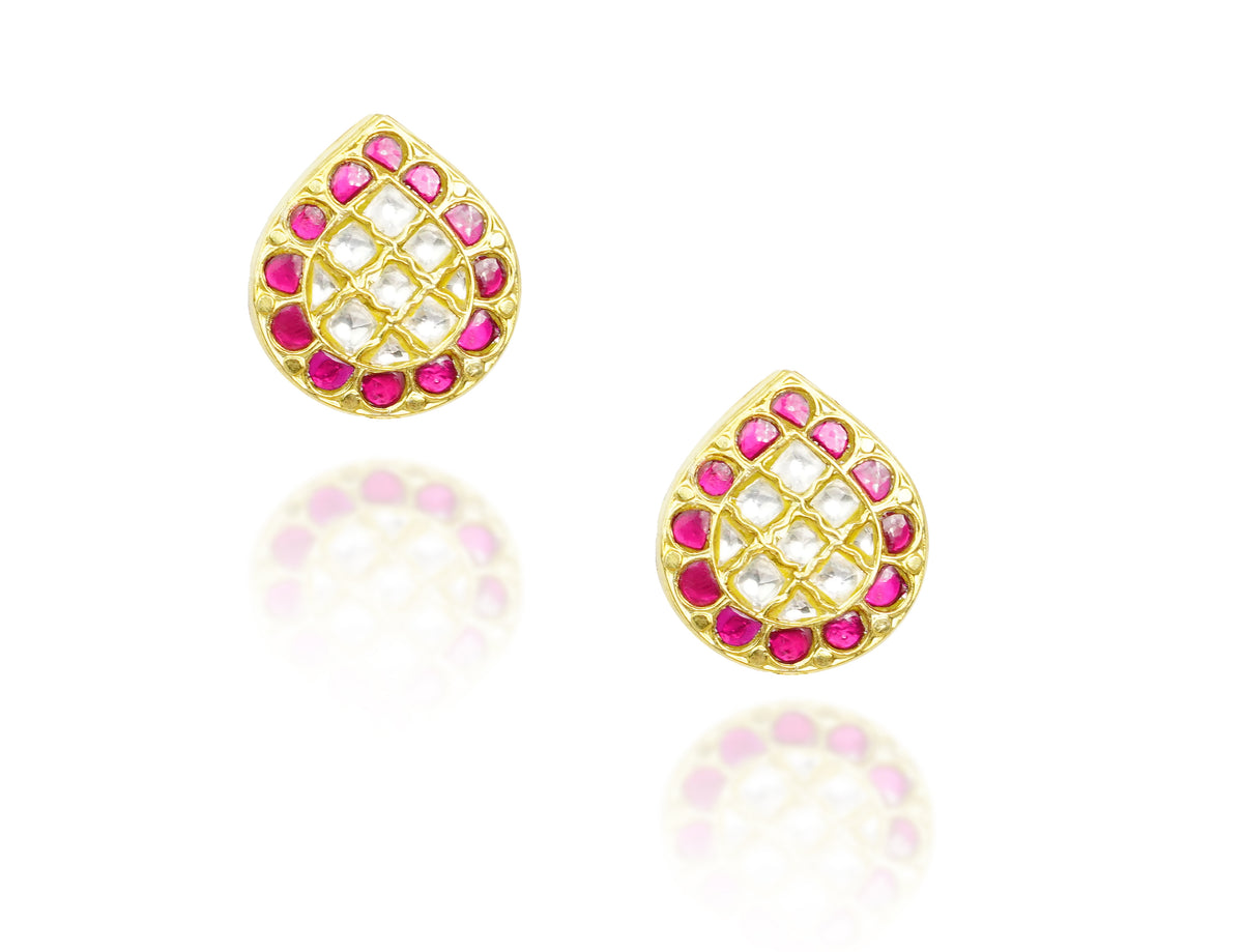 925 Silver Gold Plated Red and White Kundan Paan Studs view 1