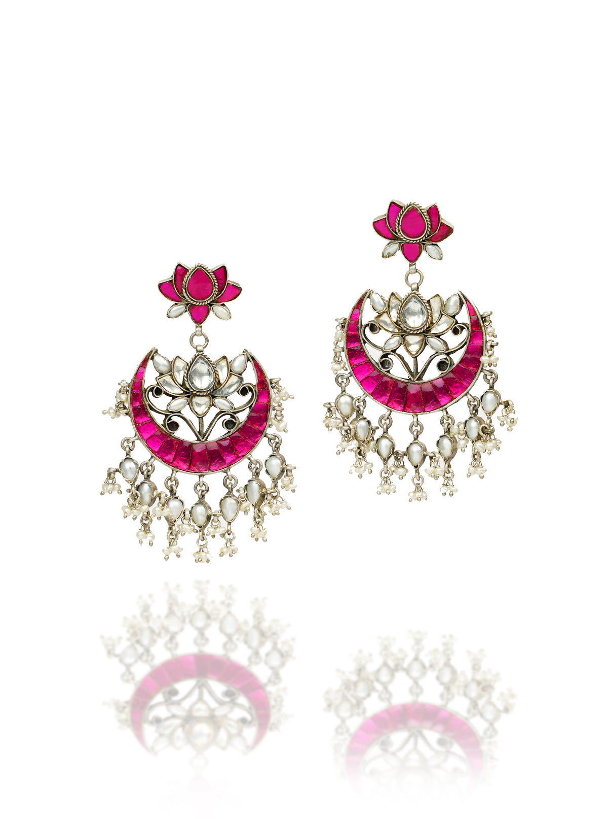 925 Silver Signature Pink Kundan Chandbalis view 1