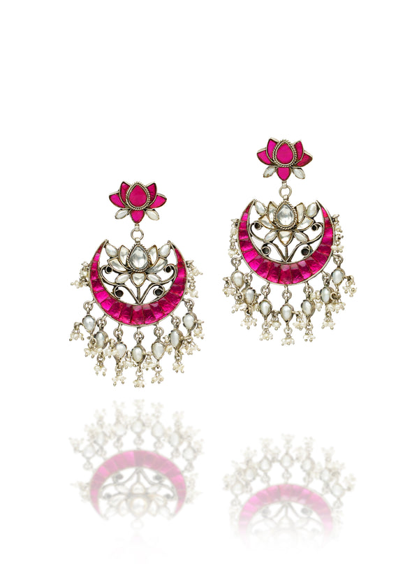 925 Silver Signature Pink Kundan Chandbalis