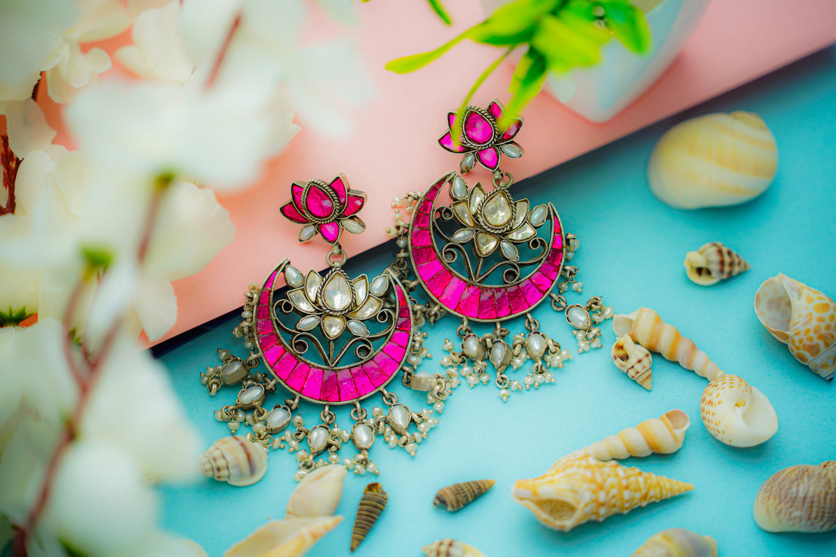 925 Silver Signature Pink Kundan Chandbalis view 3