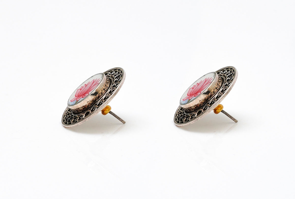 925 Silver Lotus Handpainting Studs with Rawa Work view 3