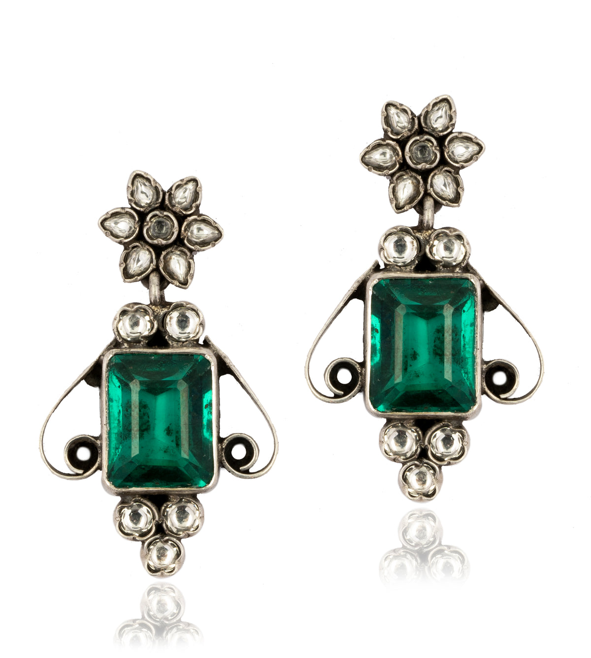 925 Sterling Silver Earrings with Green Gemstone and Kundan view 1