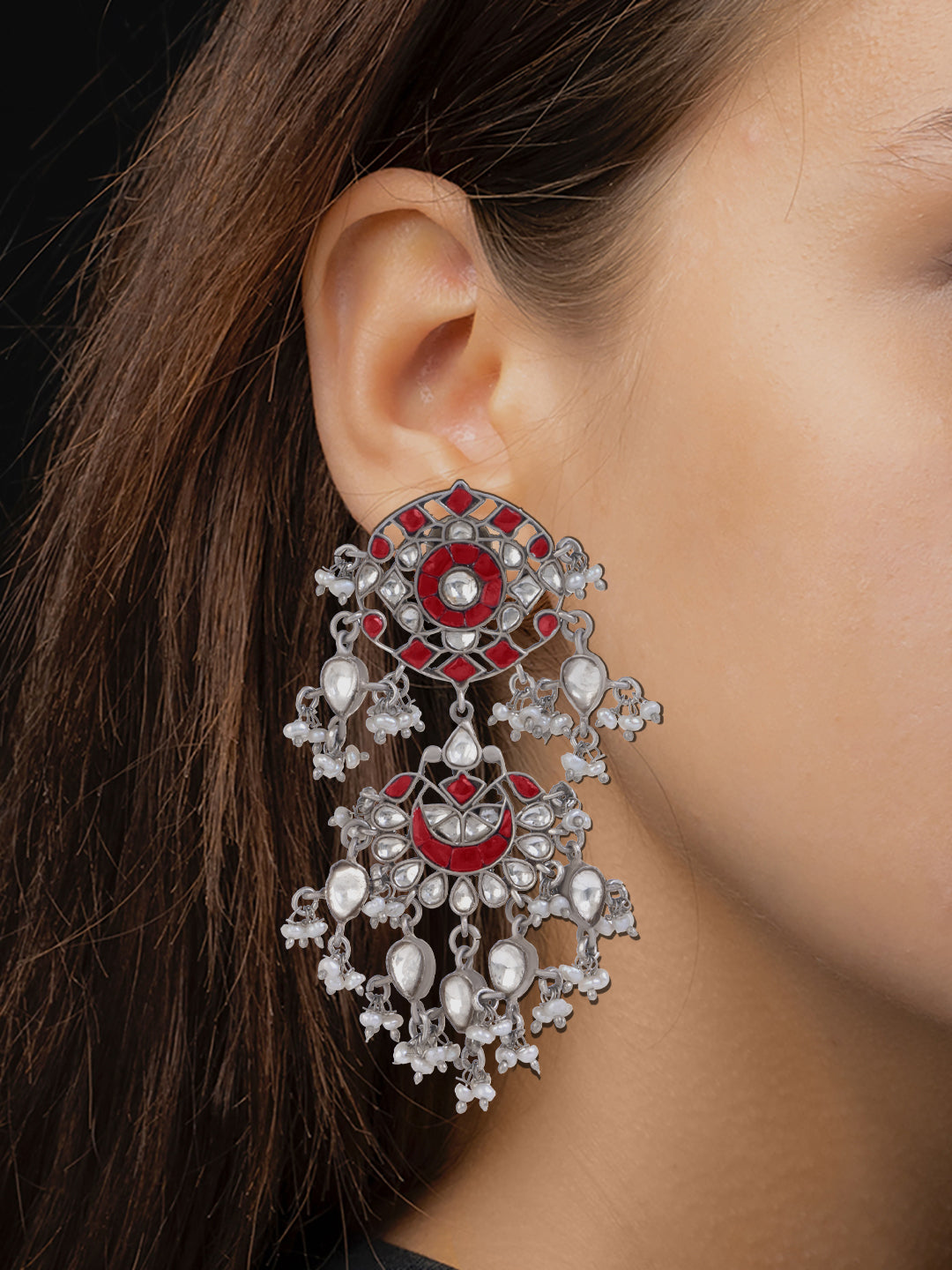 Multicolored Red and White Kundan Drop Earrings with Freshwater Pearl view 2