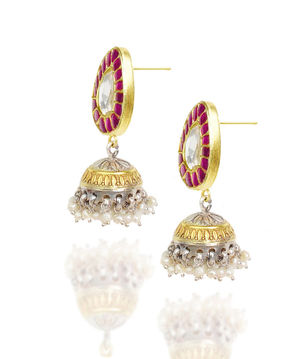 925 Silver Gold Plated White and Red Kundan Paan Jhumki Earrings alternate