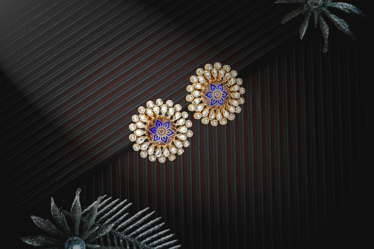 Silver Meenakari Stud Earrings with Checker and Kundan view 3