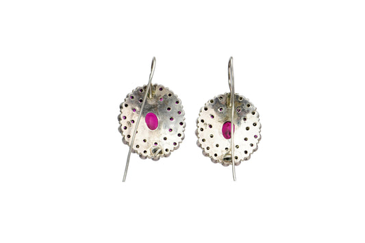 Silver Dotted Colored Gemstone Hook Earrings - Neeta Boochra Jewellery