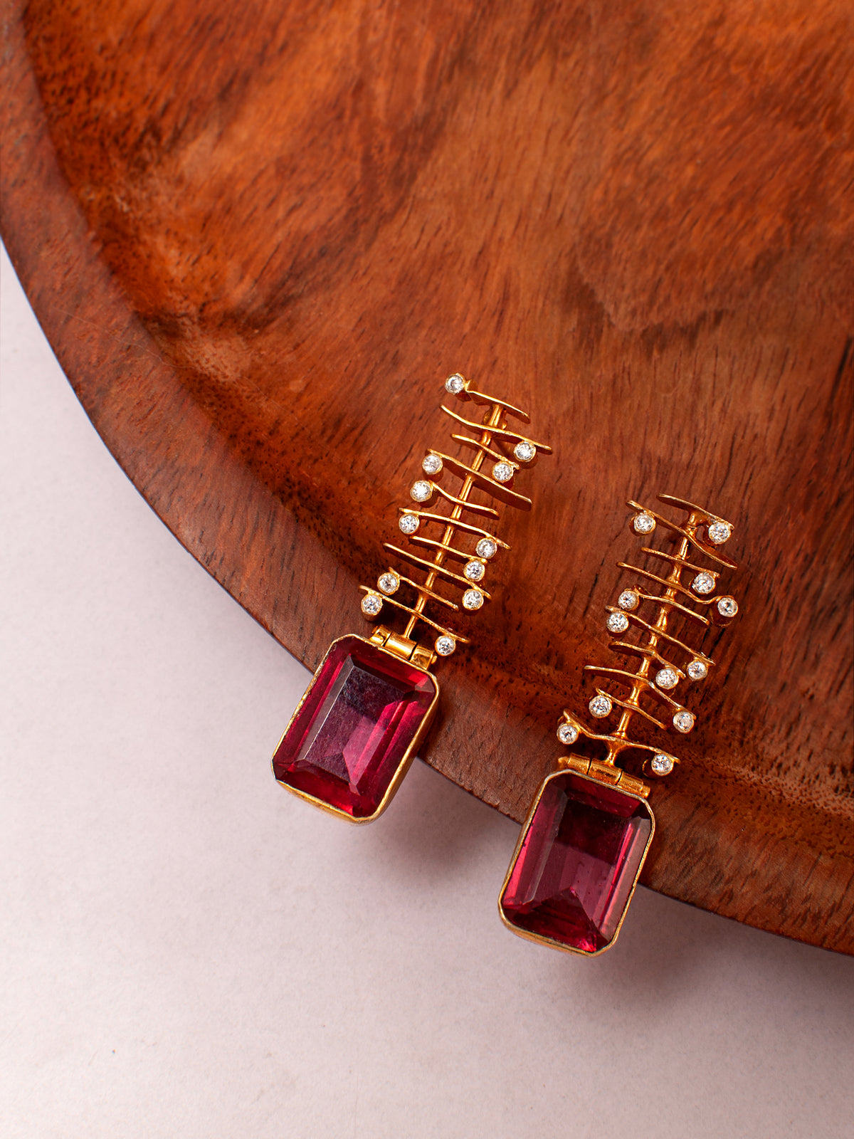 925 Sterling Silver 22K Gold Plated Pink Gemstone Danglers Earring With White Kundan view 5