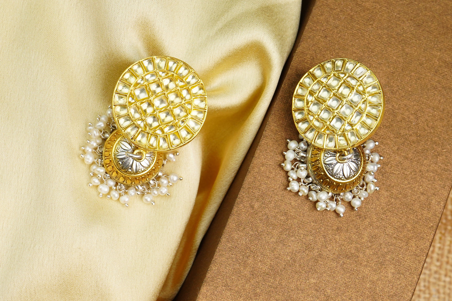 925 Silver Gold Plated White Kundan Round Jhumki Earrings - Neeta Boochra Jewellery
