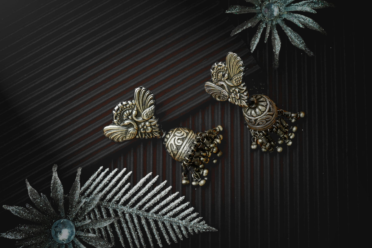 Tribal Twin Peackcok Silver Earrings with Jhumki view 3
