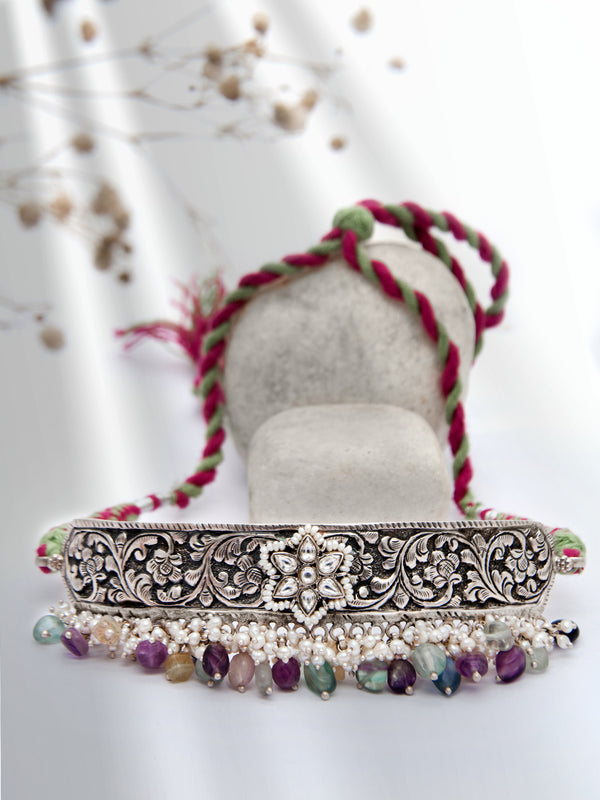 Silver Fusion Kundan Multicolor Drop Choker