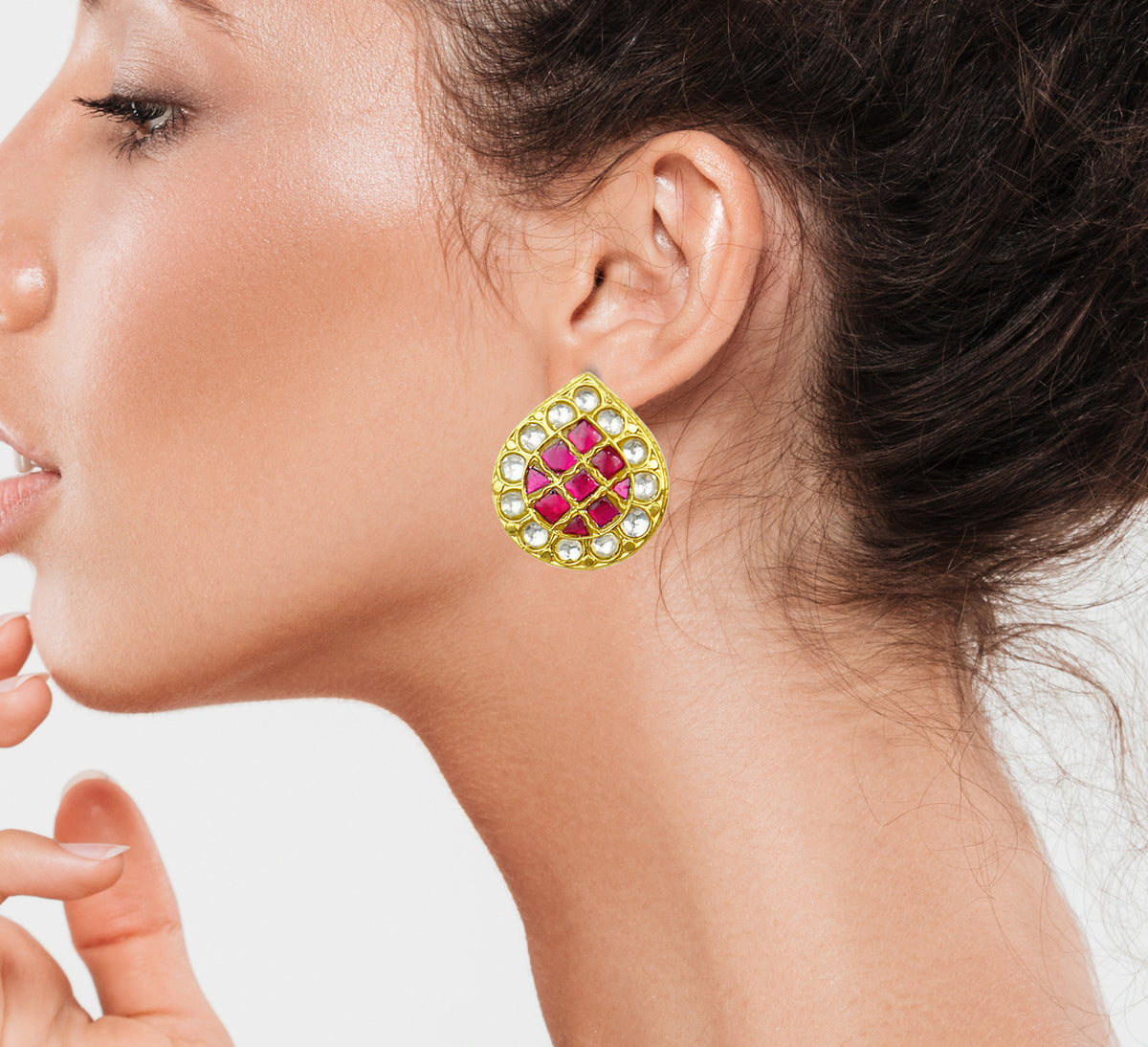 925 Silver Gold Plated White and Red Kundan Paan Studs view 4