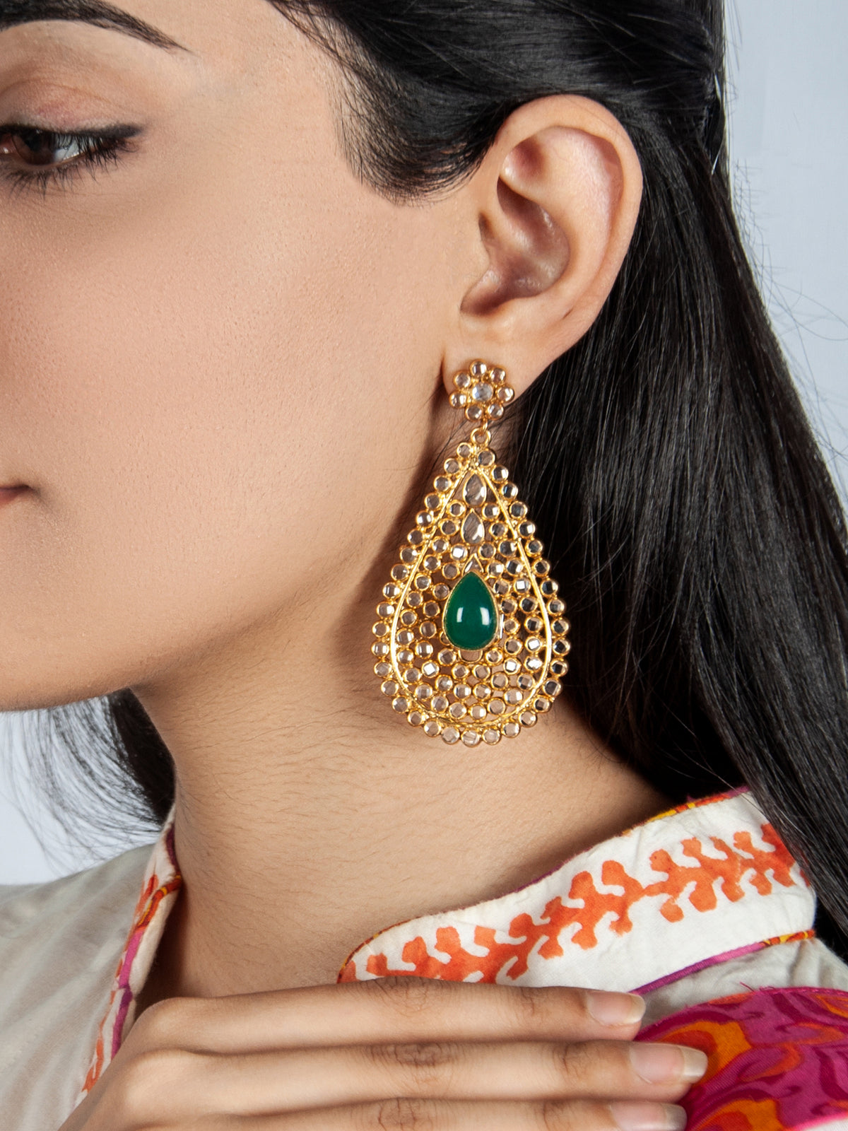 925 Sterling Silver Gold Plated Crystal Earring with Green Onyx view 1