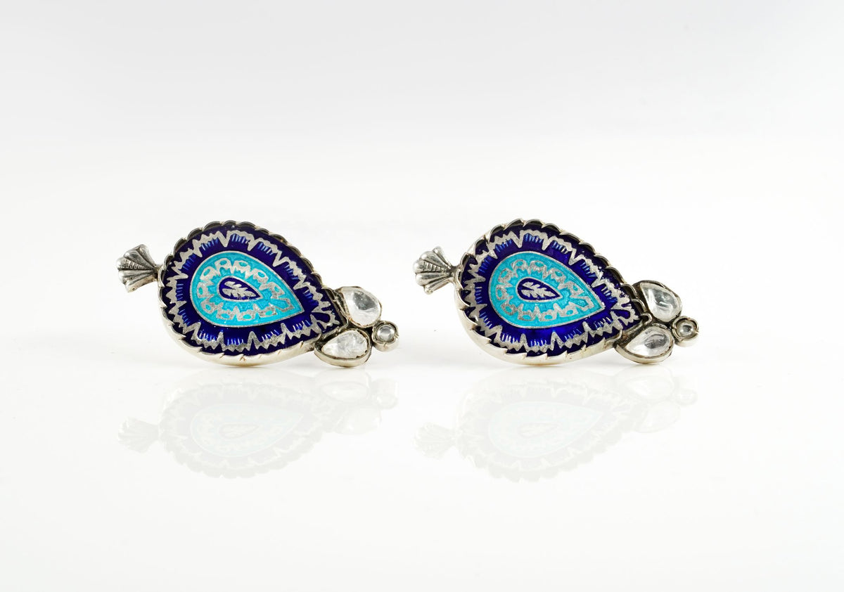 Aqua and Navy Blue Meenakari Kundan Earrings view 2