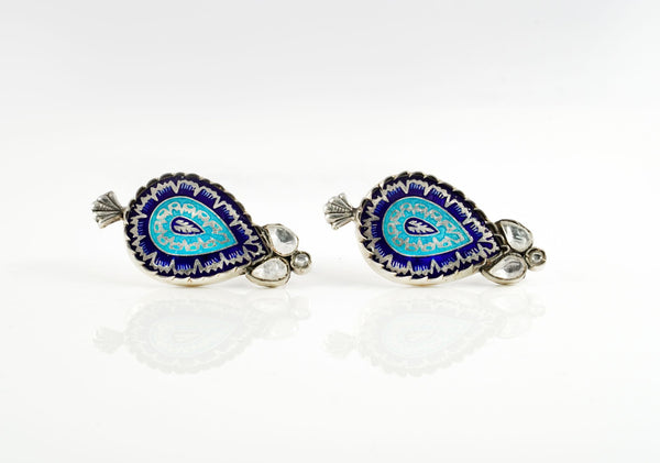 Aqua and Navy Blue Meenakari Kundan Earrings alternate