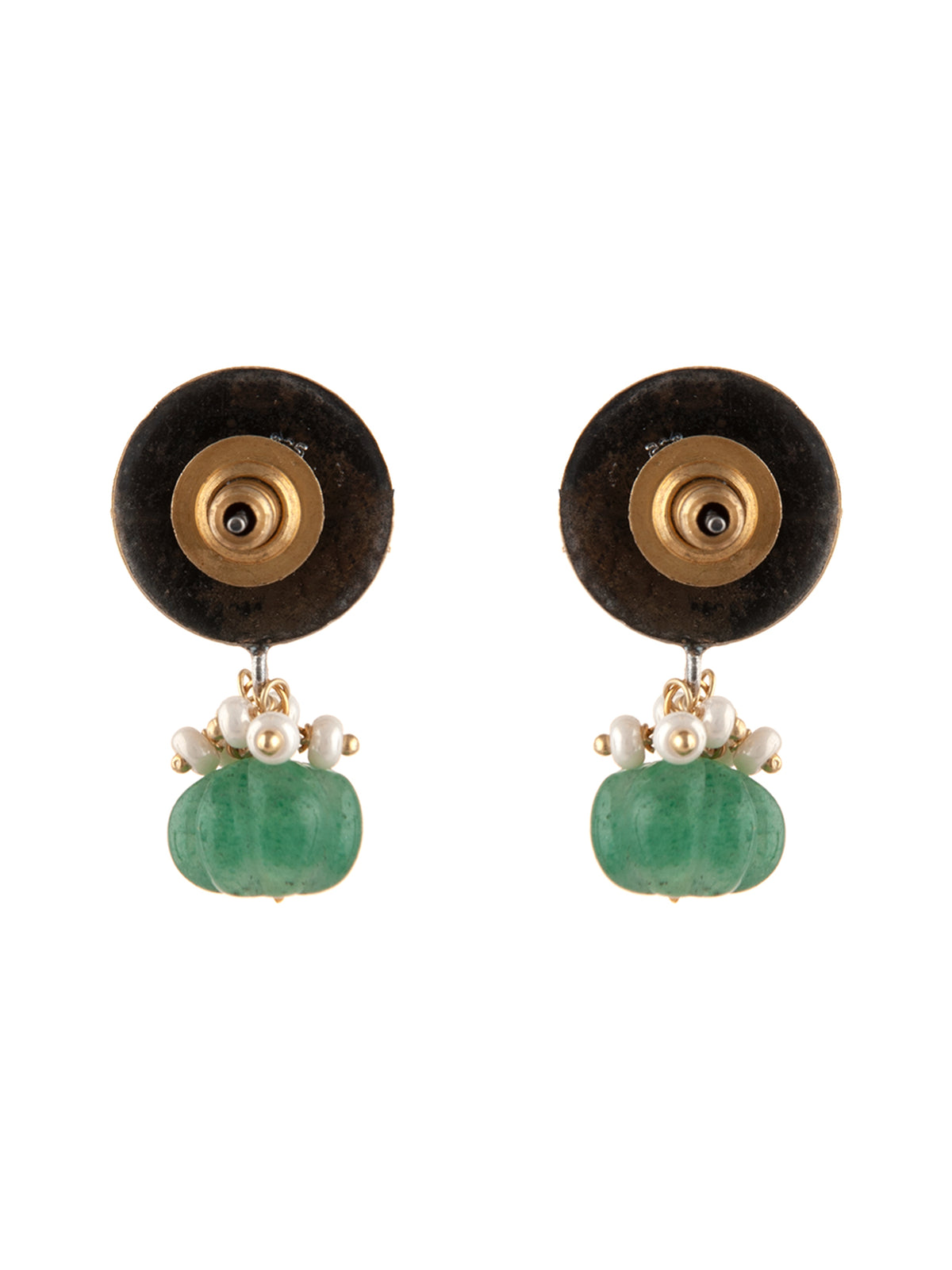 925 Sterling Silver Gold Plated Studs with Melon Cut Green Onyx and Pearl view 5