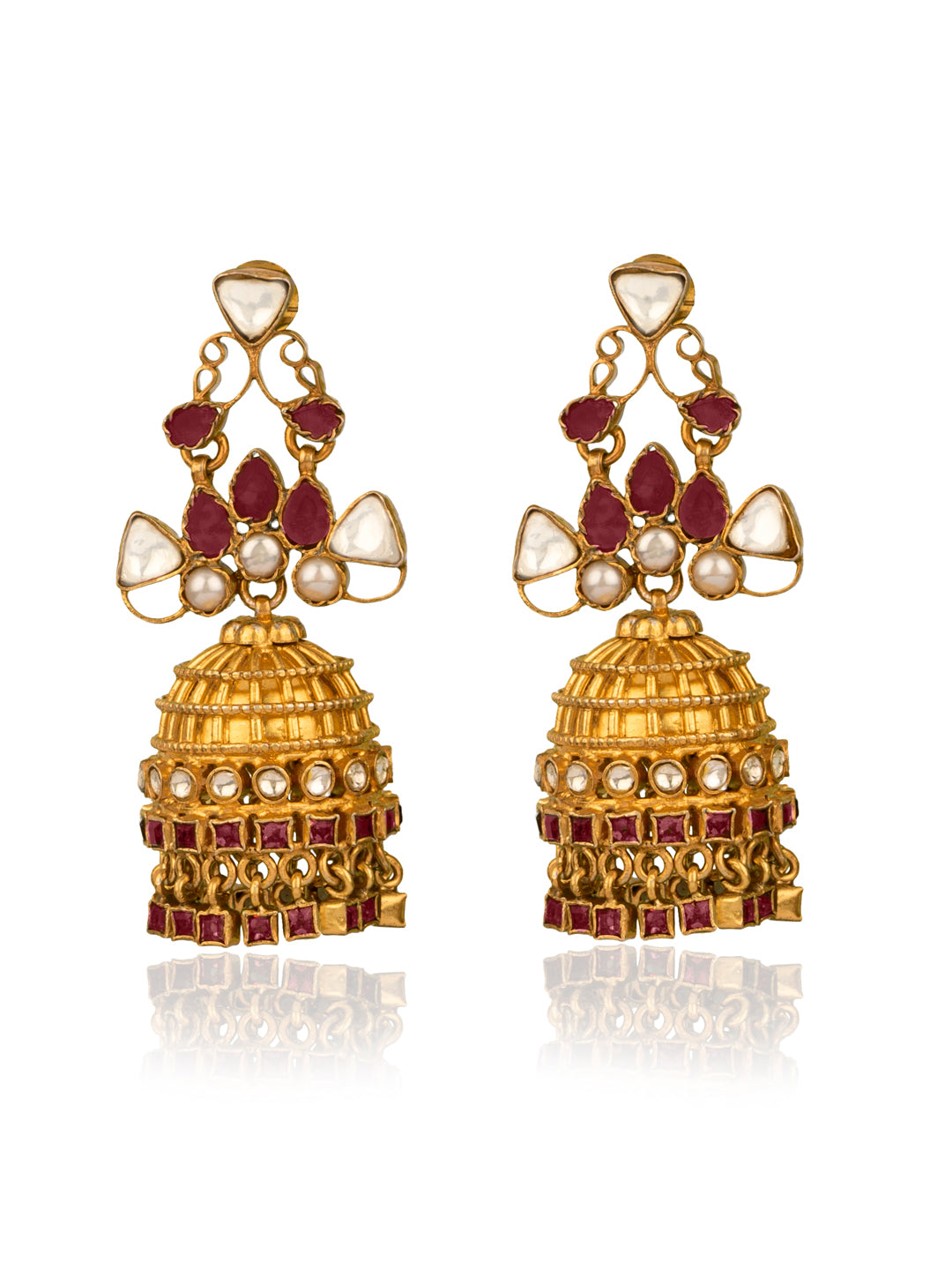 925 Sterling Silver Gold Plated Jhumki with Kundan and Ruby