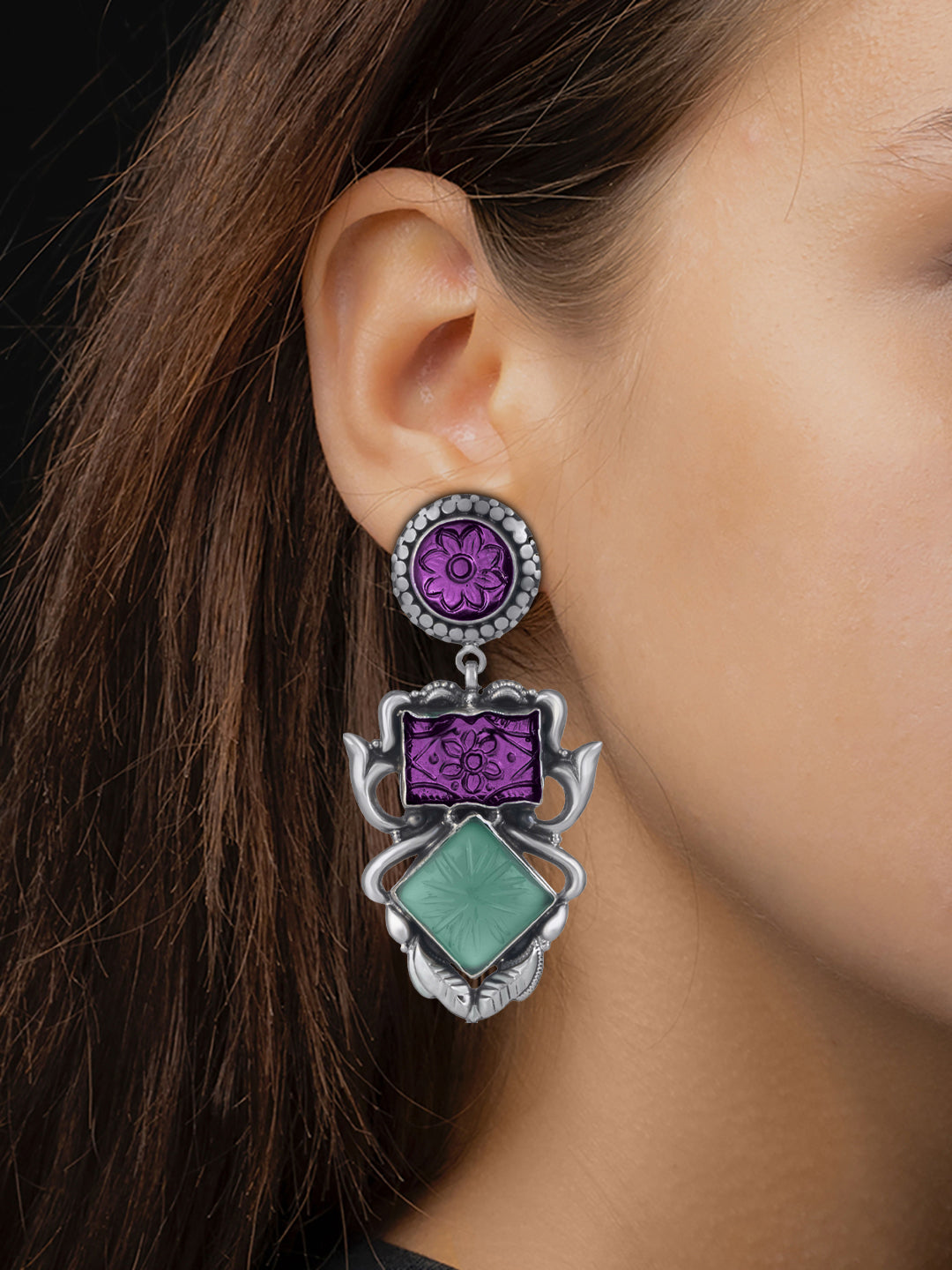 Colored Carved Glass Statement Earrings view 2