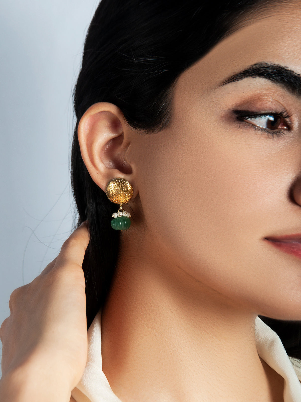 925 Sterling Silver Gold Plated Studs with Melon Cut Green Onyx and Pearl view 1
