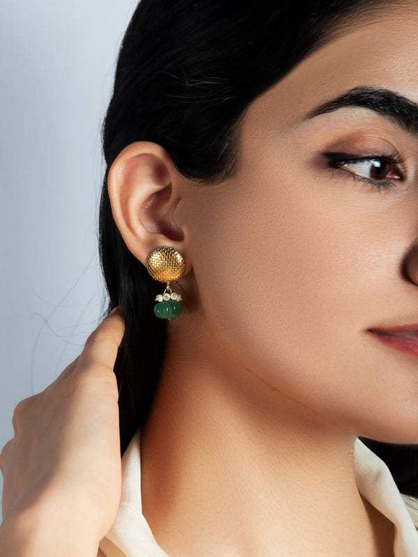 925 Sterling Silver Gold Plated Studs with Melon Cut Green Onyx and Pearl