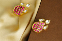 925 Silver Gold Plated White and Red Kundan Oval Studs view 2