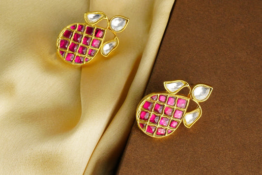 925 Silver Gold Plated White and Red Kundan Oval Studs