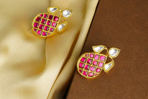 925 Silver Gold Plated White and Red Kundan Oval Studs alternate