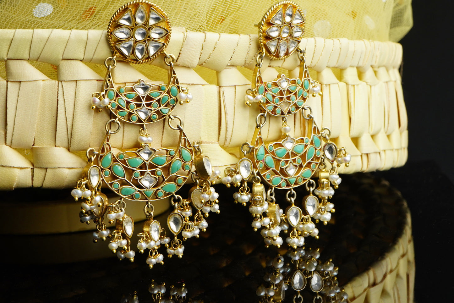 925 Silver Gold Plated Green Signature Chandbalis - Neeta Boochra Jewellery