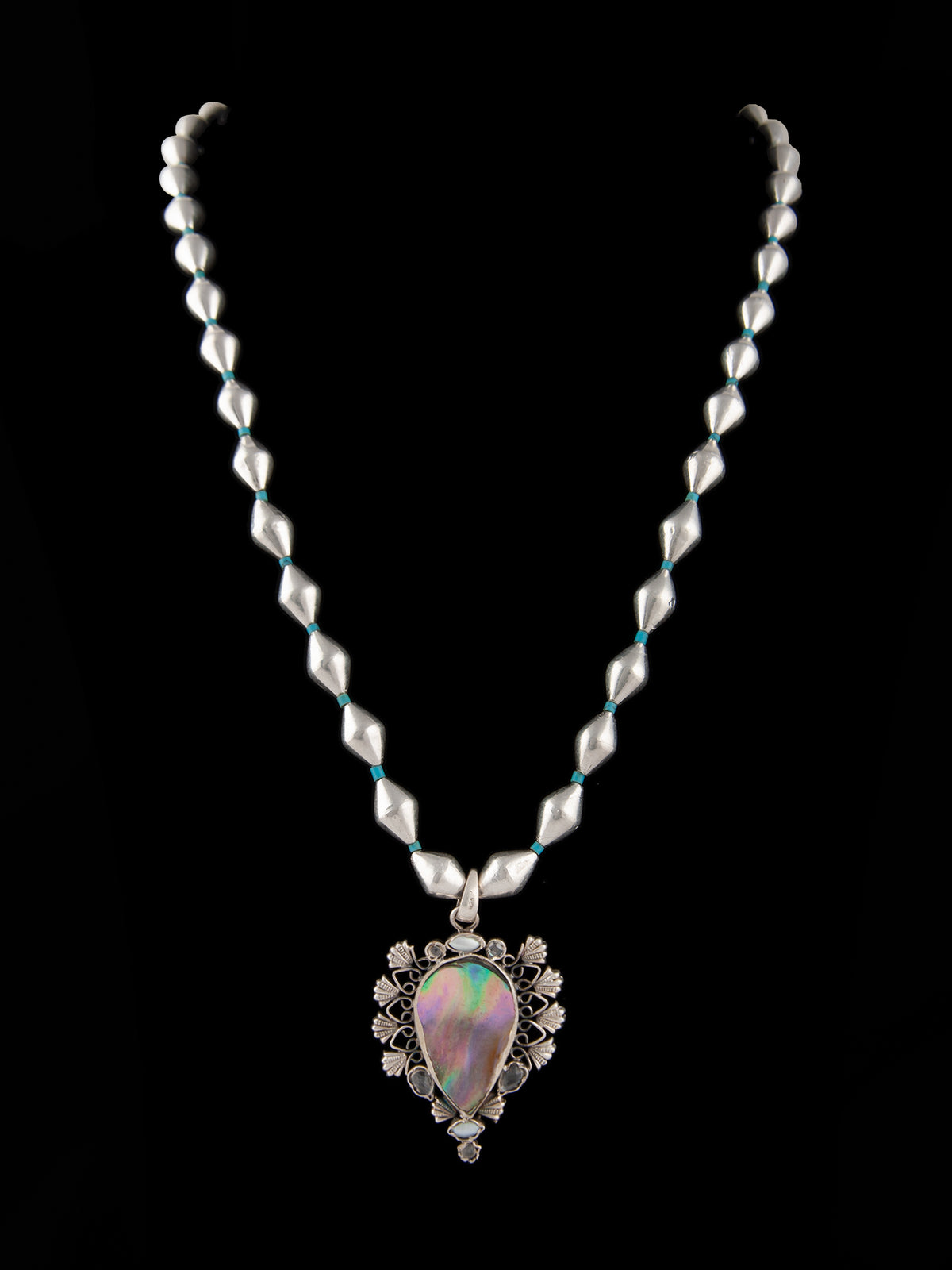925 Sterling Silver Dholki Beaded Necklace With Pear Shaped Mother of Pearl Gemstone view 5