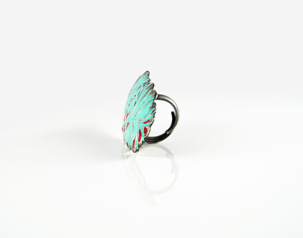 Turquoise Blue and Red Meenakari Ring view 1