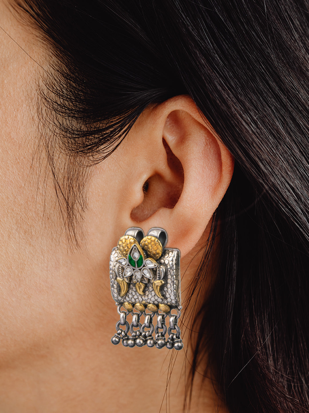 925 Sterling Silver Two Tone Twin Peacock Textured Earrings view 2