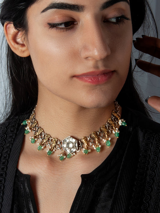 925 Sterling Silver Two Tone 22K Gold Plated Necklace With Strawberry Quartz and White Kundan